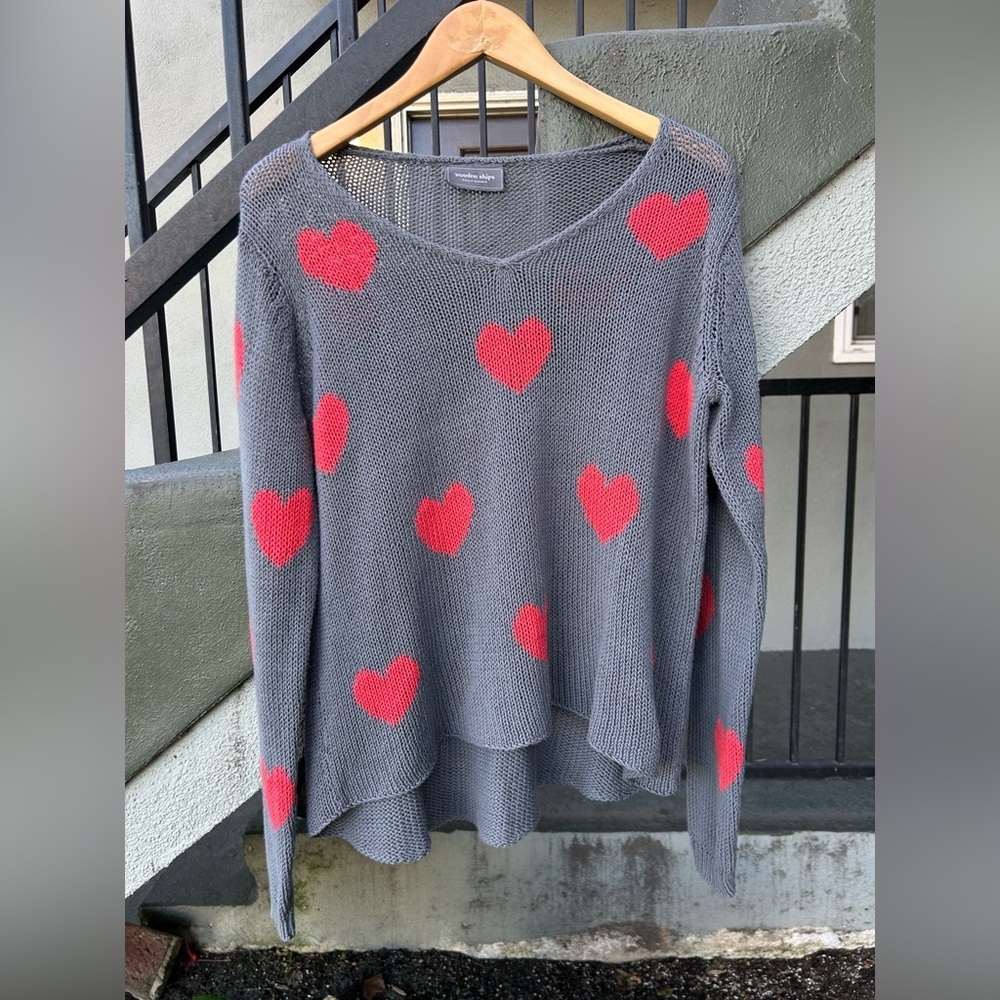 Wooden Ships Heart Print Sweater Valentine's Day Cotton Blend Size S/M